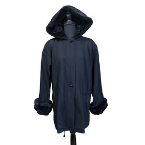 Herman Kay Wool Blend Faux Fur Pea Coat Hooded Black Size 10 M Toggle Button